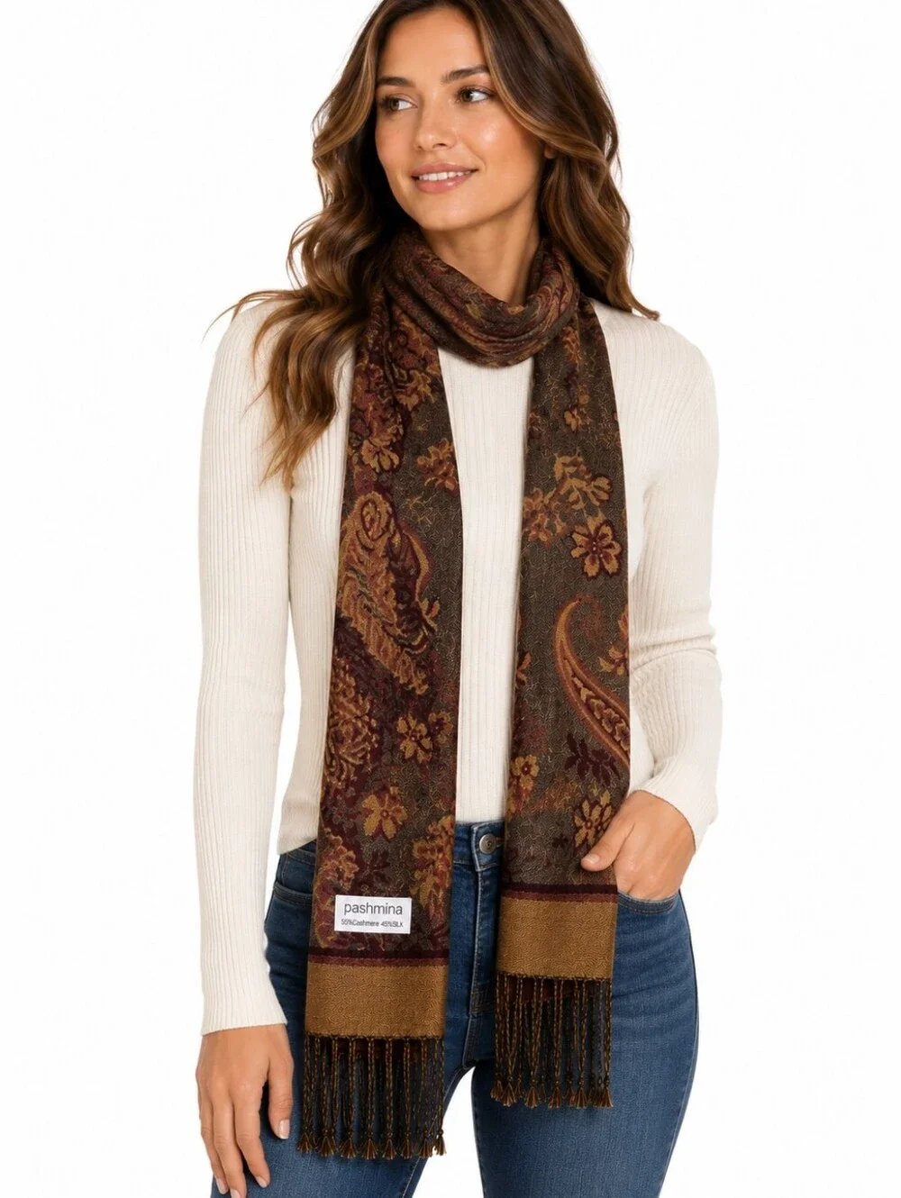 Cashmere Silk Pashmina Scarf Brown Paisley Floral Fringe Wrap Shawl Festival
